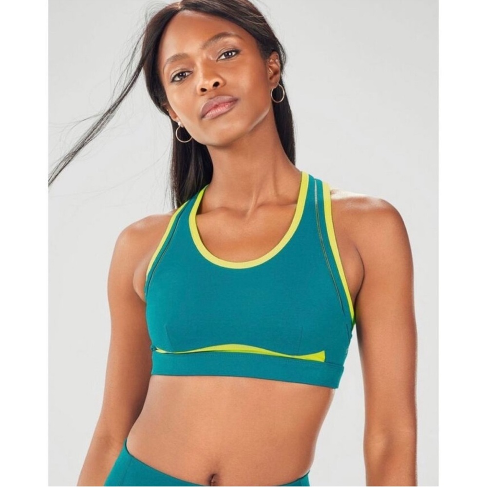 Fabletics Belle High Impact Sports Bra in Teal and Neon Yellow Size Small